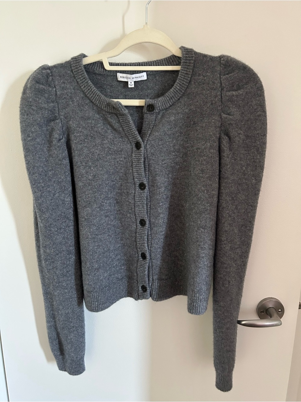 100% Wool Rebecca Minkoff Charcoal Gray Puff-Sleeve Button Cardigan